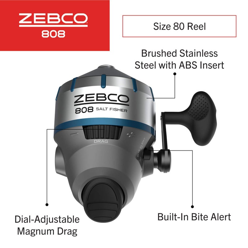 Zebco 808 Saltfisher Spincast Fishing Reel, Size 80 Reel, Changeable Right- or Left-Hand Retrieve, Pre-Spooled with 20-Pound Zebco Fishing Line, Stainless Steel Ball Bearing Drive, Silver - Image 2